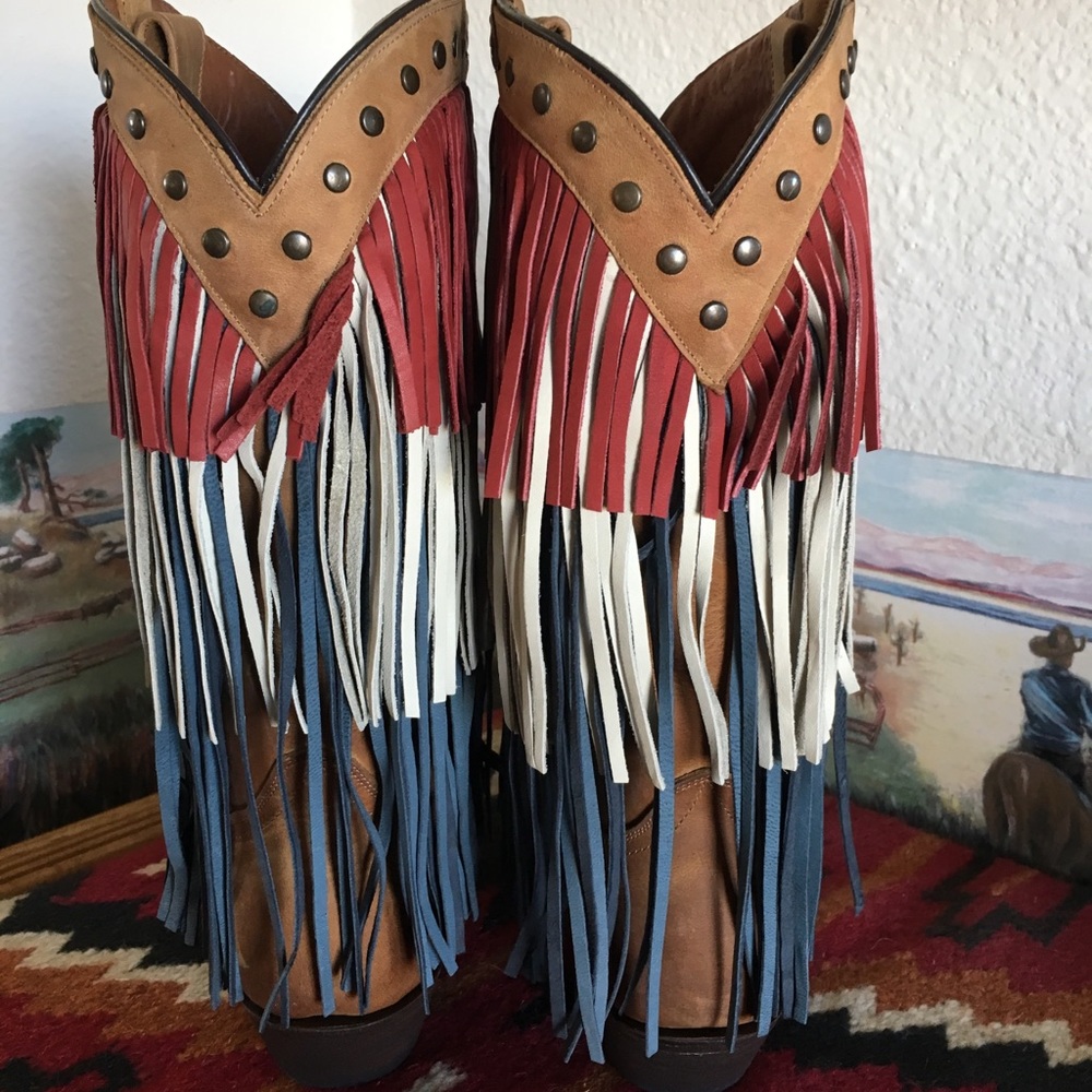 Fringed Western Heeled Boots - Brown with Red, White & Blue Fringe - Picture 2 of 7
